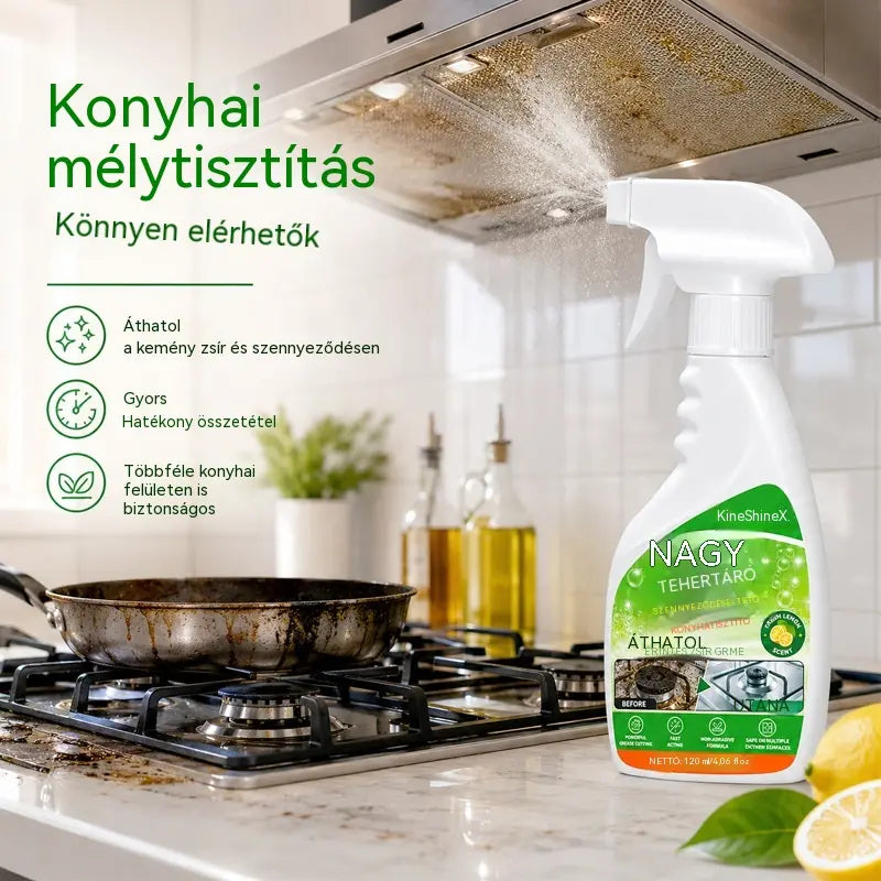 ✨ Hatékony konyhai zsíroldó – hatékonyan eltávolítja a ráégett zsírt, a szénlerakódásokat és a makacs szennyeződéseket a főzőlapokról, páraelszívókról és konyhai eszközökről.