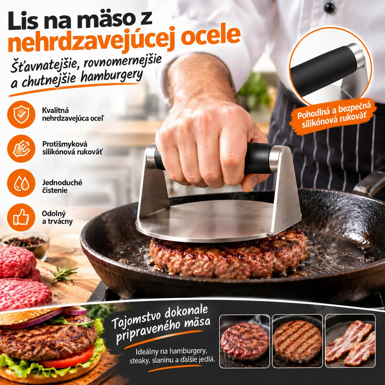 🍗🥩 Lis na mäso z nehrdzavejúcej ocele so silikónovou rukoväťou — praktický pomocník pre šťavnatejšie a rovnomernejšie hamburgery.