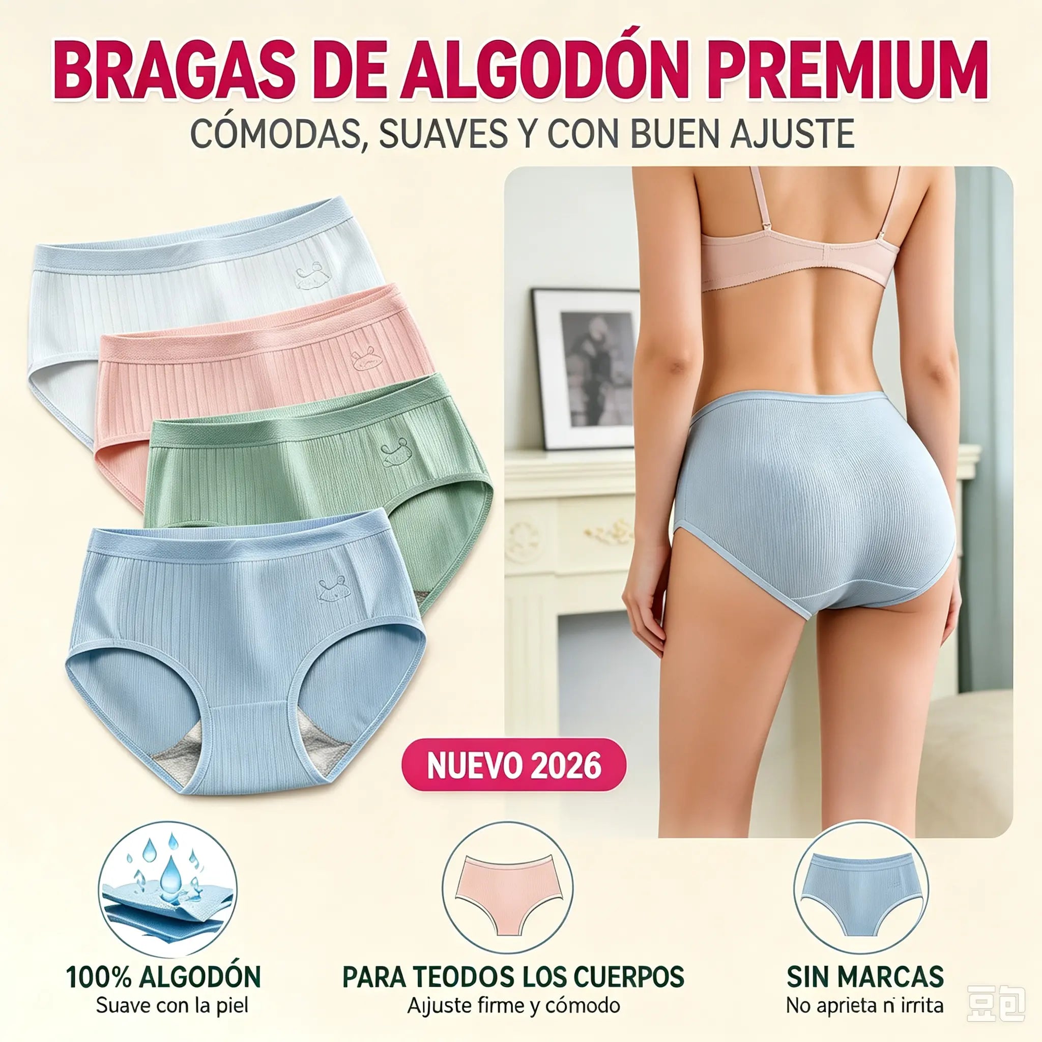 🔥7 piezas por 25 euros【Tallas M-2XL】Nuevas braguitas premium de algodón de talle alto, impermeables y antibacterianas (colección 2026)-【Para pesos de 35 a 100 kg】