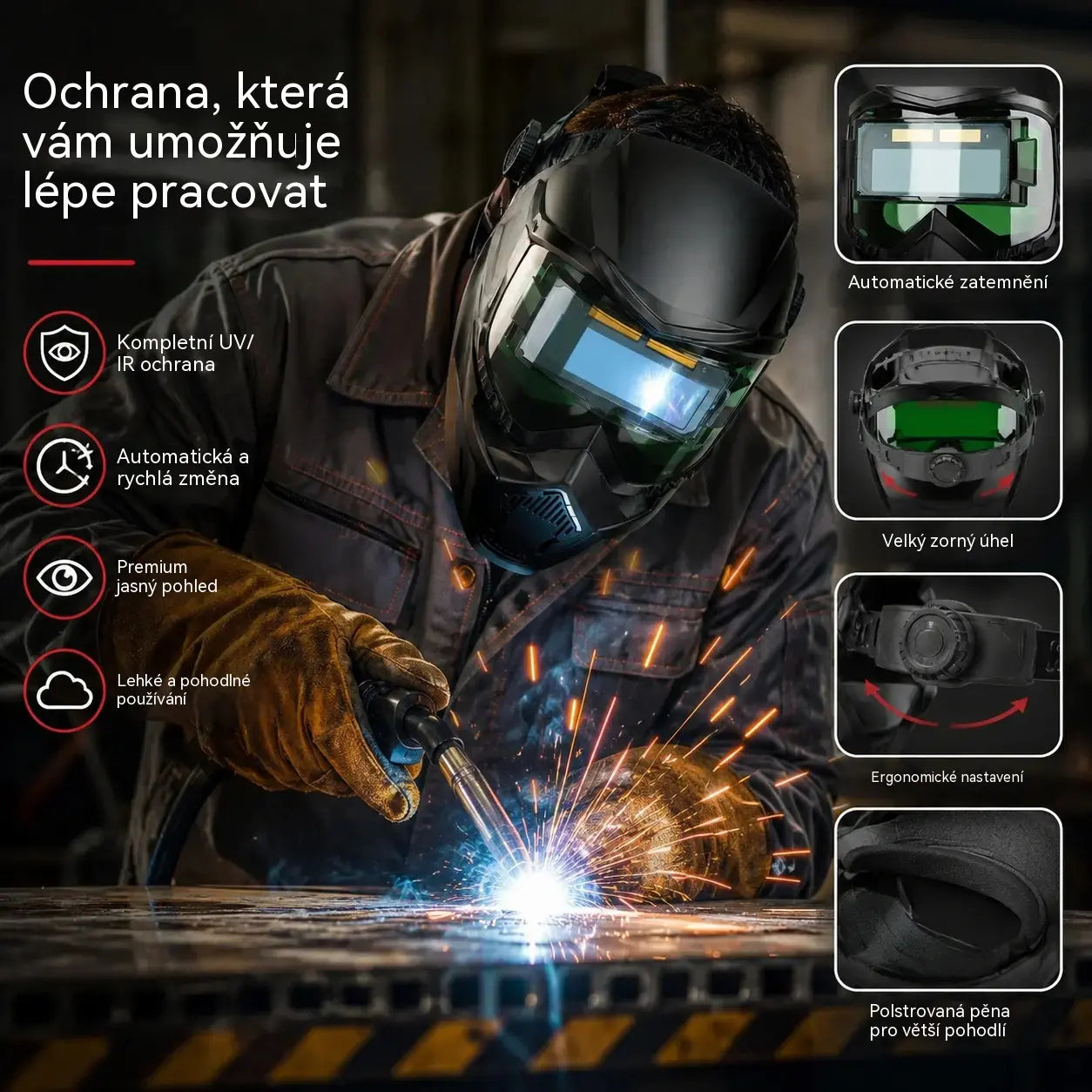 Plně automatická svářečská kukla s přepínáním světel a ochrannou maskou na hlavu pro svářeče