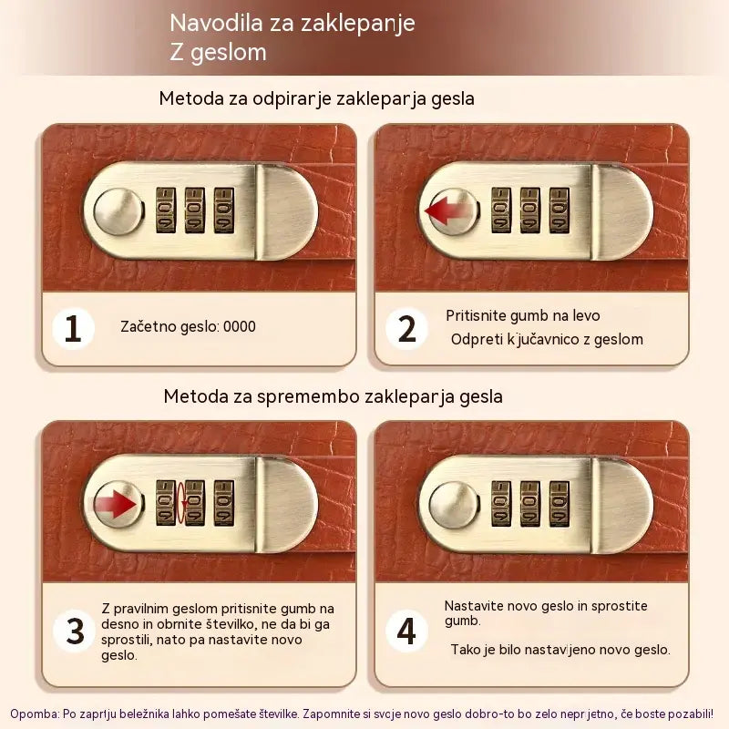 Z geslom zaščiten zvezek za shranjevanje čekov, gotovine, bančnih kartic in različnih potrdil.