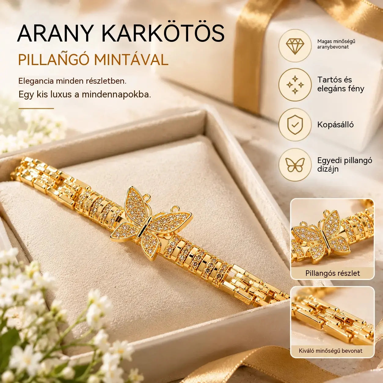🦋 Spóroljon 50%-ot! ✨ 18 karátos arany pillangós karkötő: finom szemek, elegáns kidolgozás ✨