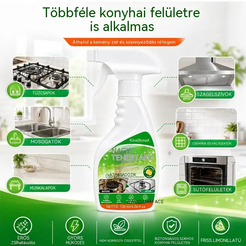 ✨ Hatékony konyhai zsíroldó – hatékonyan eltávolítja a ráégett zsírt, a szénlerakódásokat és a makacs szennyeződéseket a főzőlapokról, páraelszívókról és konyhai eszközökről.