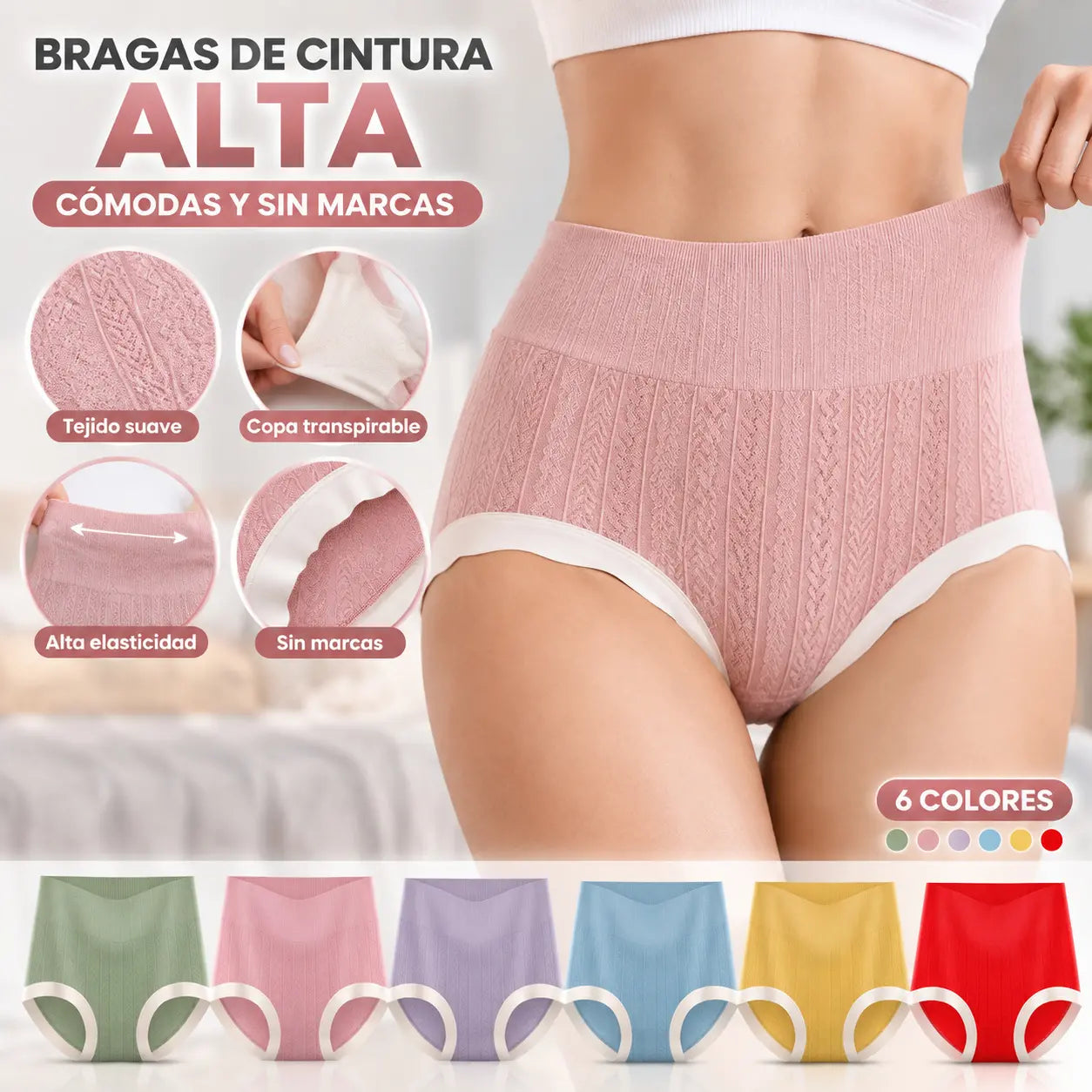 1 juego de 6 piezas✨ Braguitas de Cintura Alta con Grafeno · Comodidad y Ajuste Perfecto