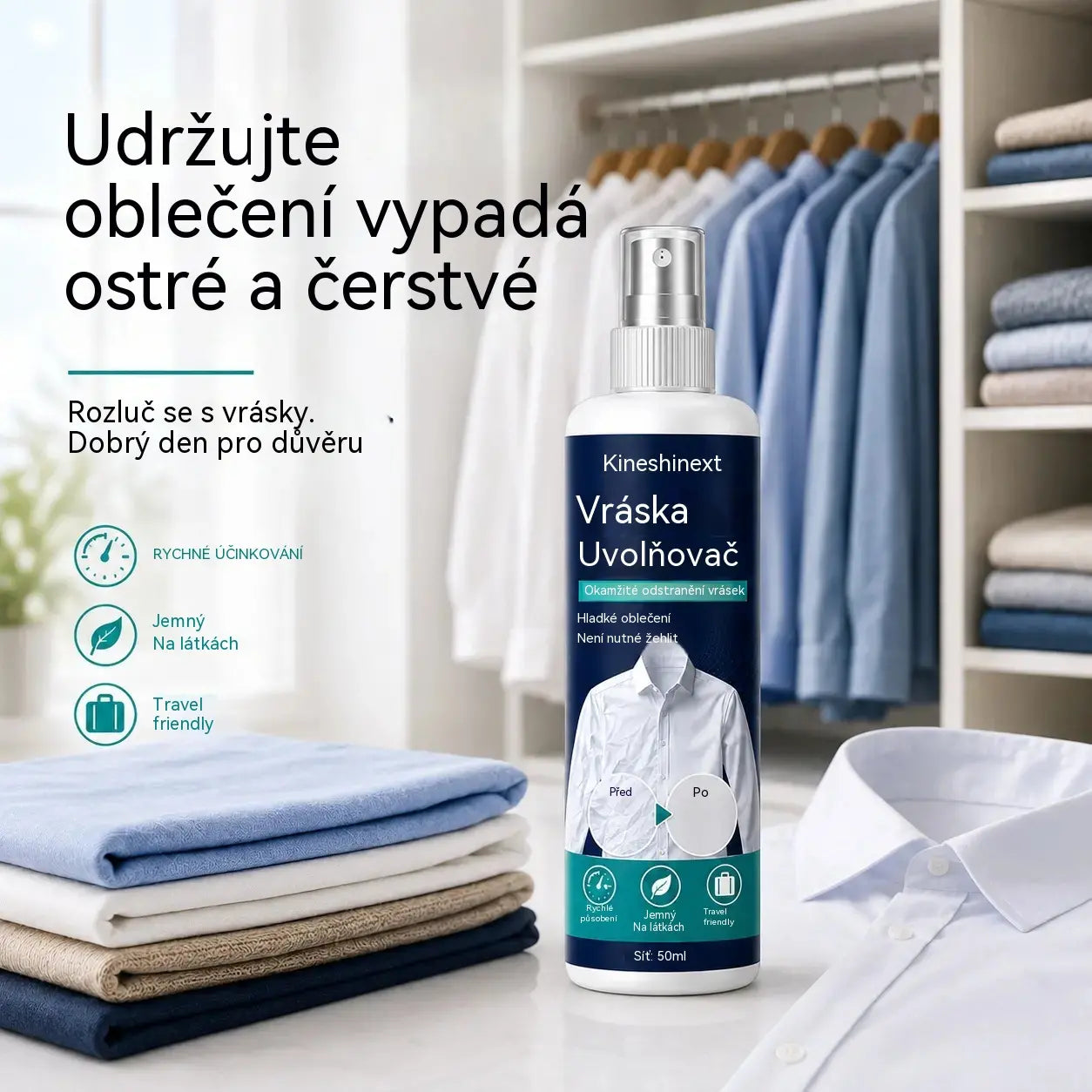 3 lahvičky za 560 Kč👔✨ Sprej na odstranění záhybů z oblečení – okamžité vyhlazení bez žehličky, ideální na cesty, bez statické elektřiny a pro svěží oblečení.