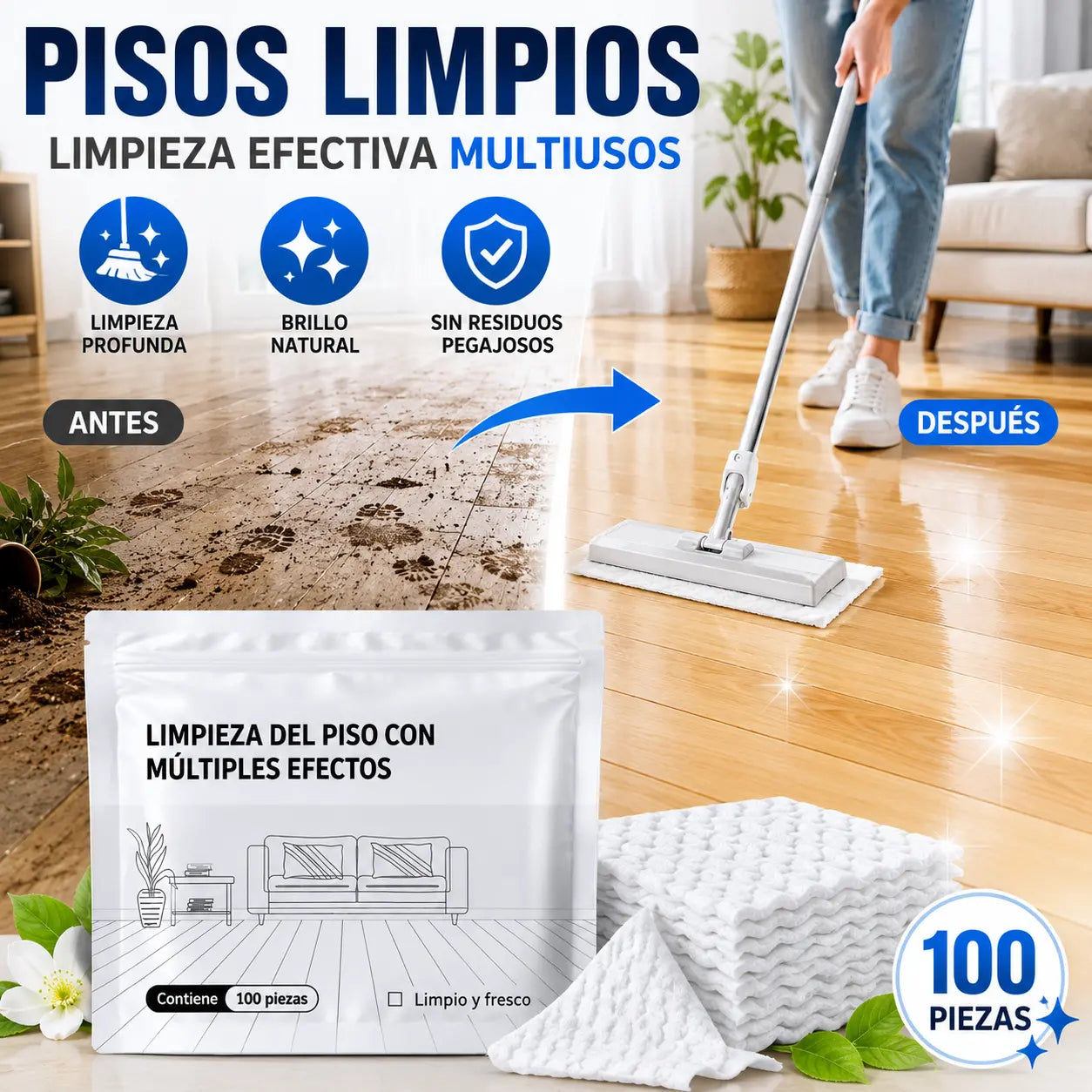 100 unidades de pastillas limpiadoras multiusos antibacterianas y desodorizantes | Aptas para madera dura, suelos laminados, azulejos y paredes de autocaravana
