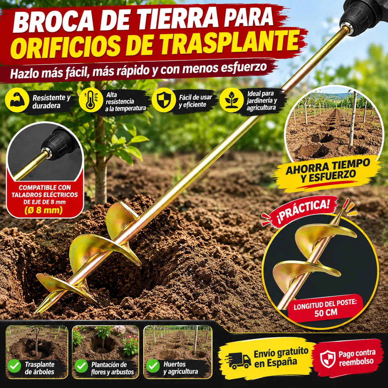 【longitud 50cm】✨ Varilla perforadora para agujeros de trasplante en invernaderos