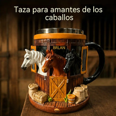 Taza de café 3D con temática de granja y establo, taza de acero inoxidable con relieve tridimensional, regalo ideal para amantes de los caballos.