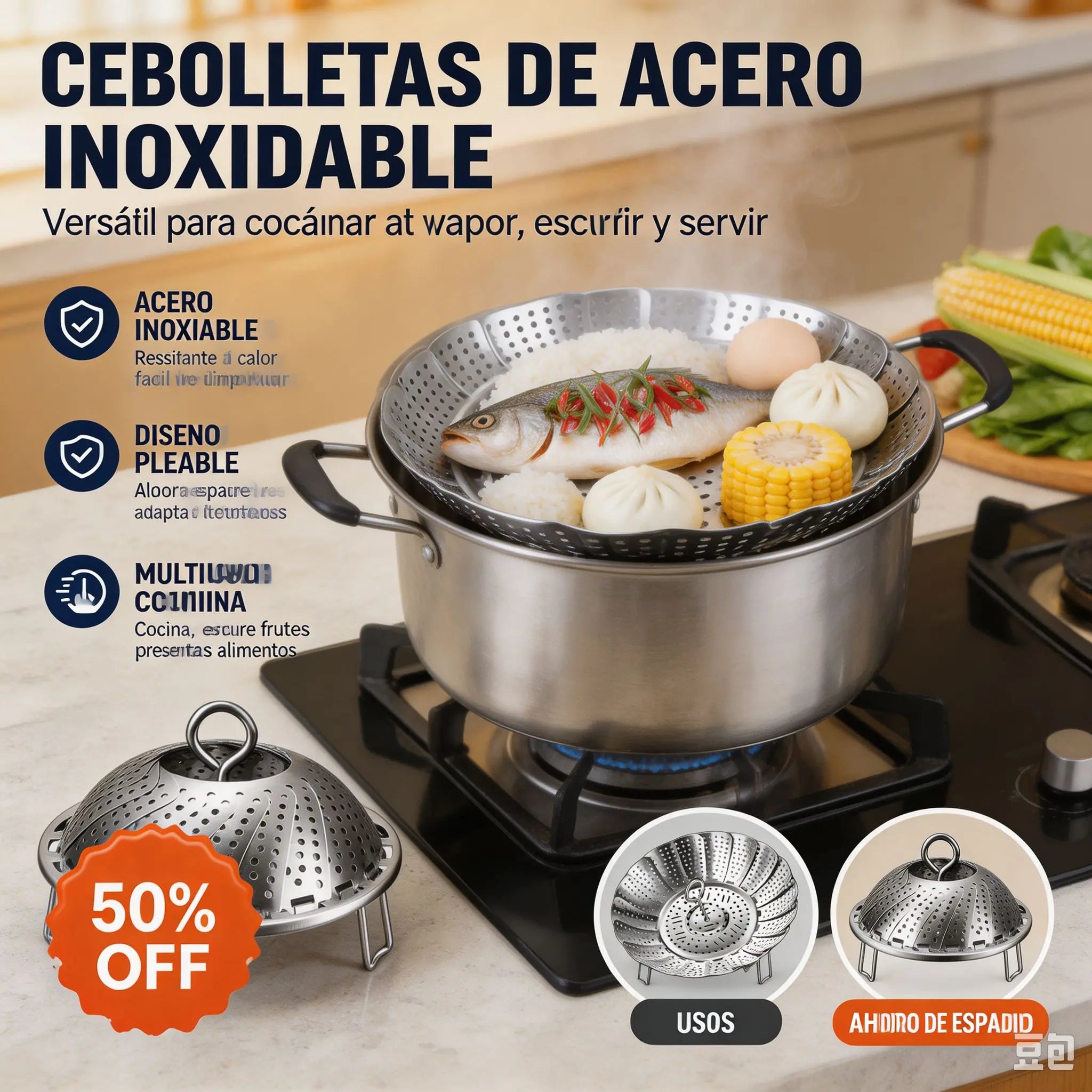 🥳50% DE DESCUENTO♨️🍲Vaporera extensible de acero inoxidable