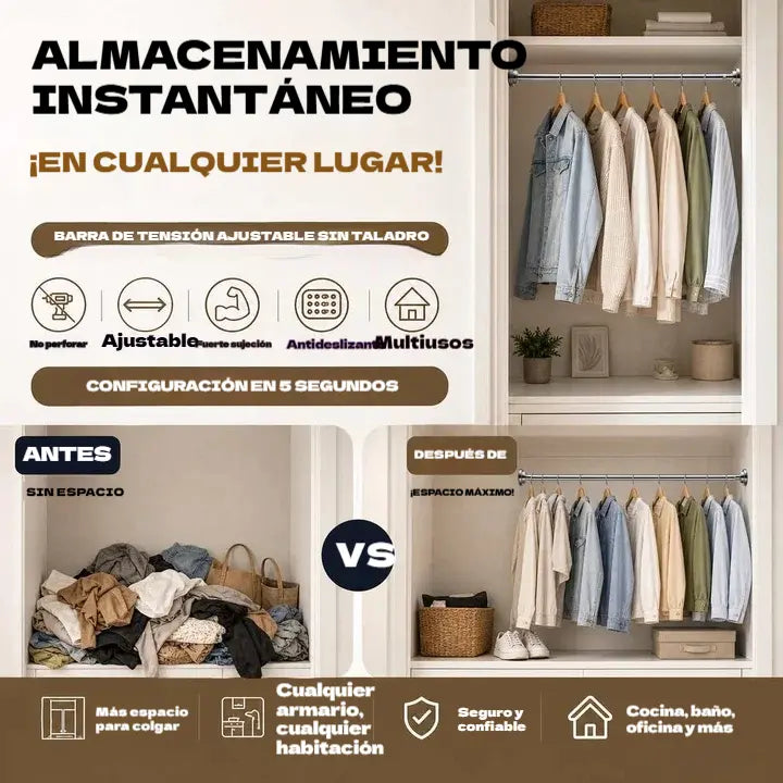🛠️🚫 Barra de tensión ajustable: no requiere perforación, instalación en segundos, almacenamiento inteligente para el hogar 🏠✨