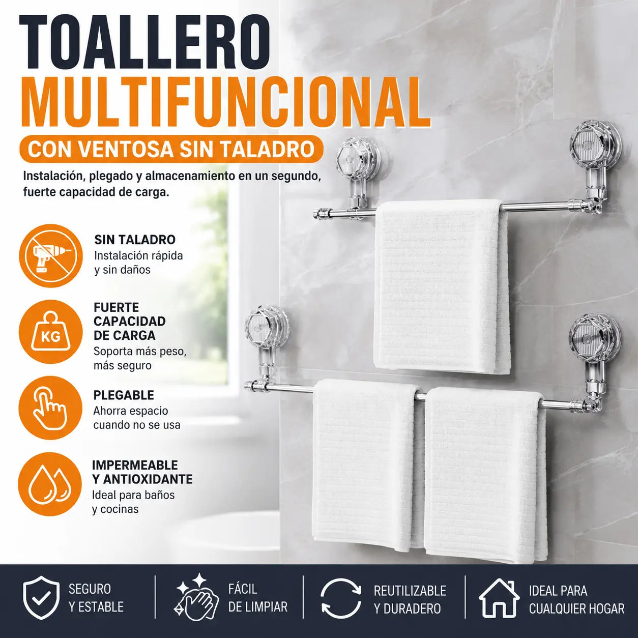 🚿✨ Barra de toalla con ventosa ajustable: no requiere perforar, no daña y tiene un agarre cómodo.