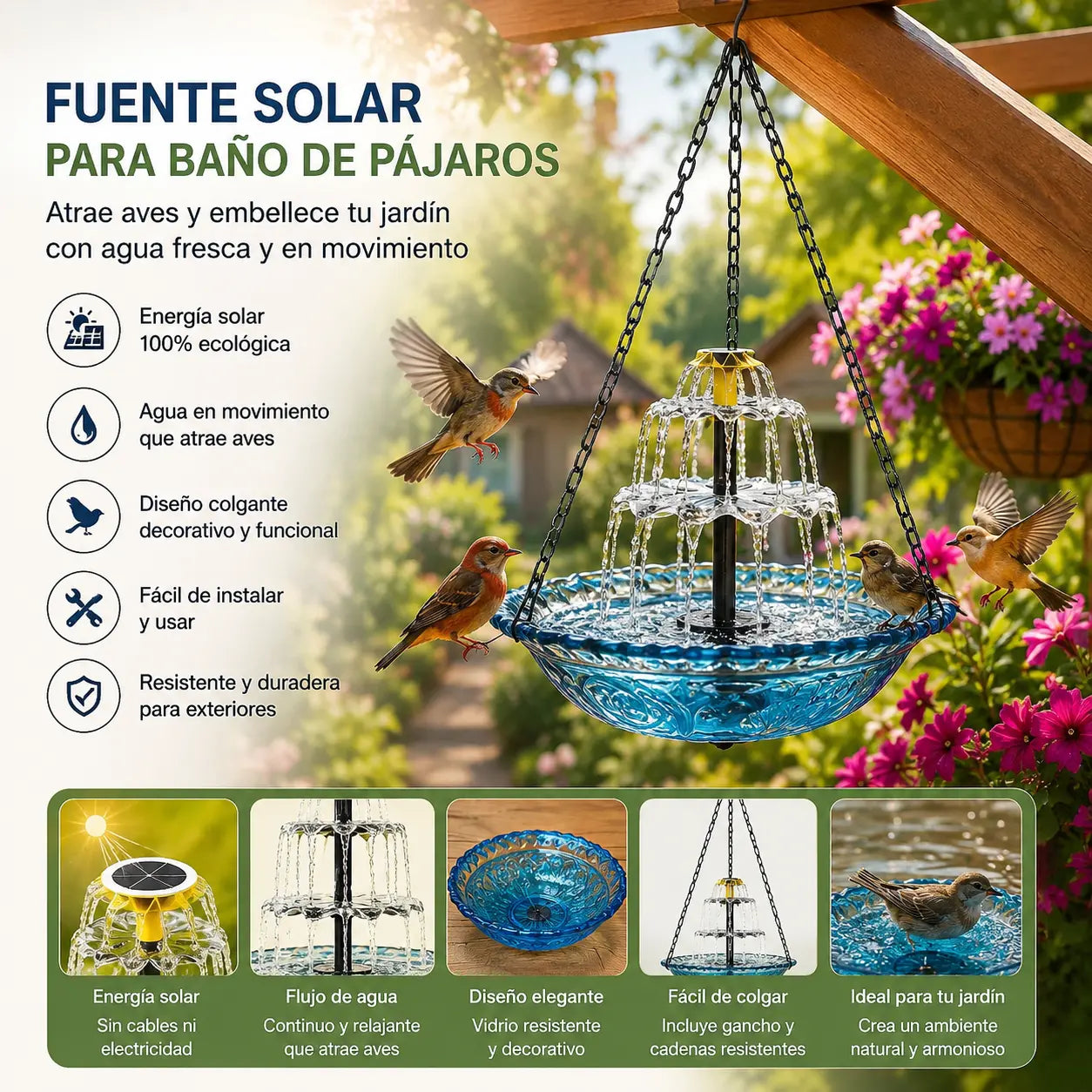 Fuente colgante solar para baño de pájaros con estilo cascada