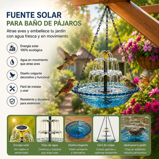 Fuente colgante solar para baño de pájaros con estilo cascada