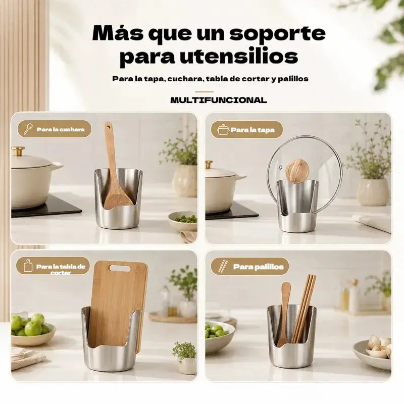 Compra 1 y llévate 1 gratis: 【2 piezas】Soporte para tapa de olla, cucharón y espátula de acero inoxidable: organizador de cocina integrado, estable y antideslizante.