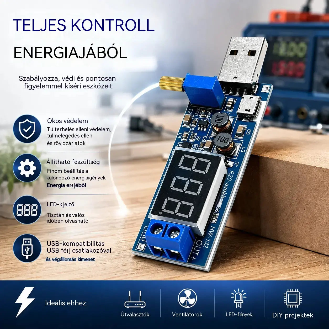 🔌【Micro USB interfész + C típusú interfész】💻 Állítható USB tápegység – 5 V-os többkimenetes feszültségnövelő szabályozó (3,3–24 V) | Asztali tápegység minden típusú eszközhöz 🔋