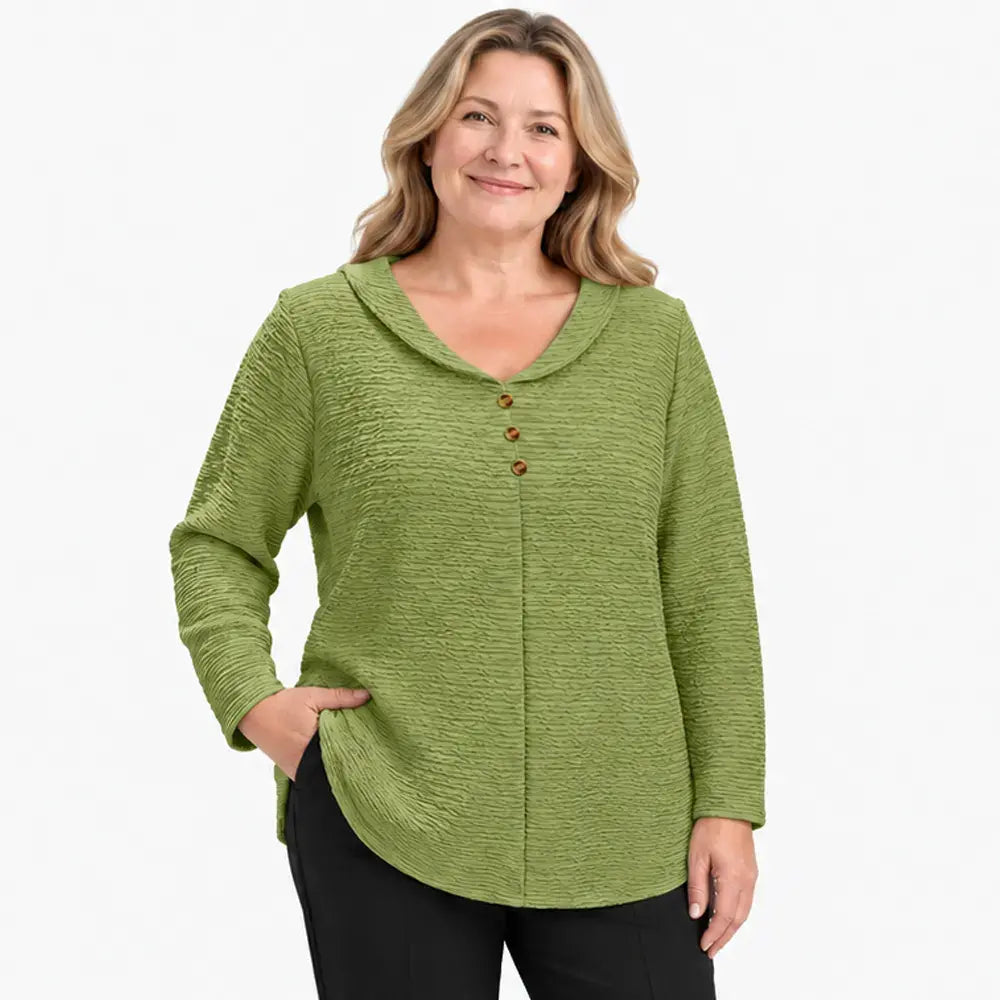 🔥【XL-5XL】🎁💖 Novi ženski top plus size s kopčanjem na gumbe i jednobojnim dizajnom; od teksturirane, plisirane tkanine i okruglog izreza (u stilu Petra Pana).