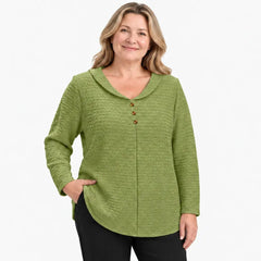 🔥【XL-5XL】🎁💖 Nový dámsky top pre plnšie veľkosti so zapínaním na gombíky, jednofarebný; z textúrovanej, skladanej látky a okrúhlym výstrihom (v štýle Petra Pana).