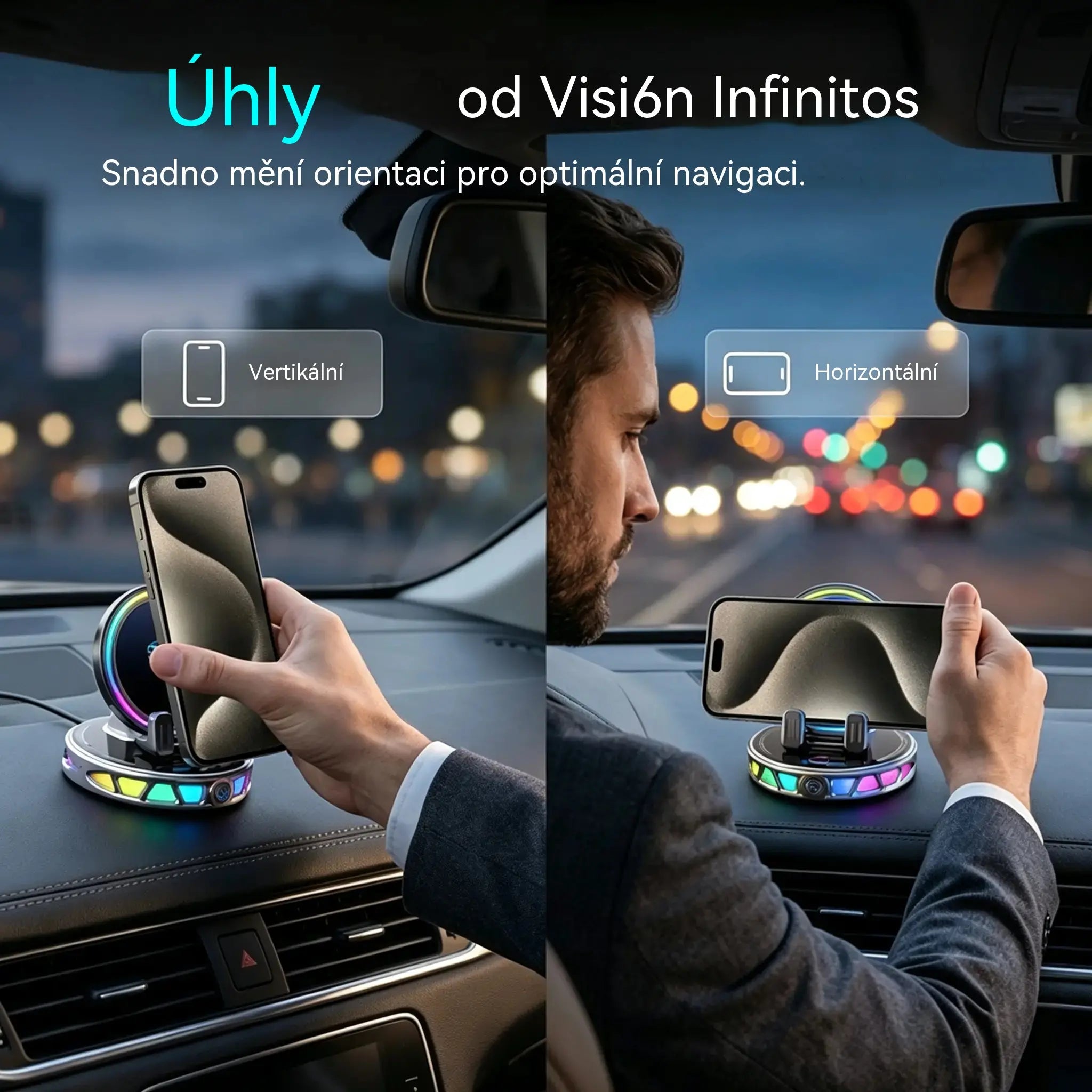 📱 Držák do auta RGB s automatickým uchycením a bezdrátovým nabíjením 15 W