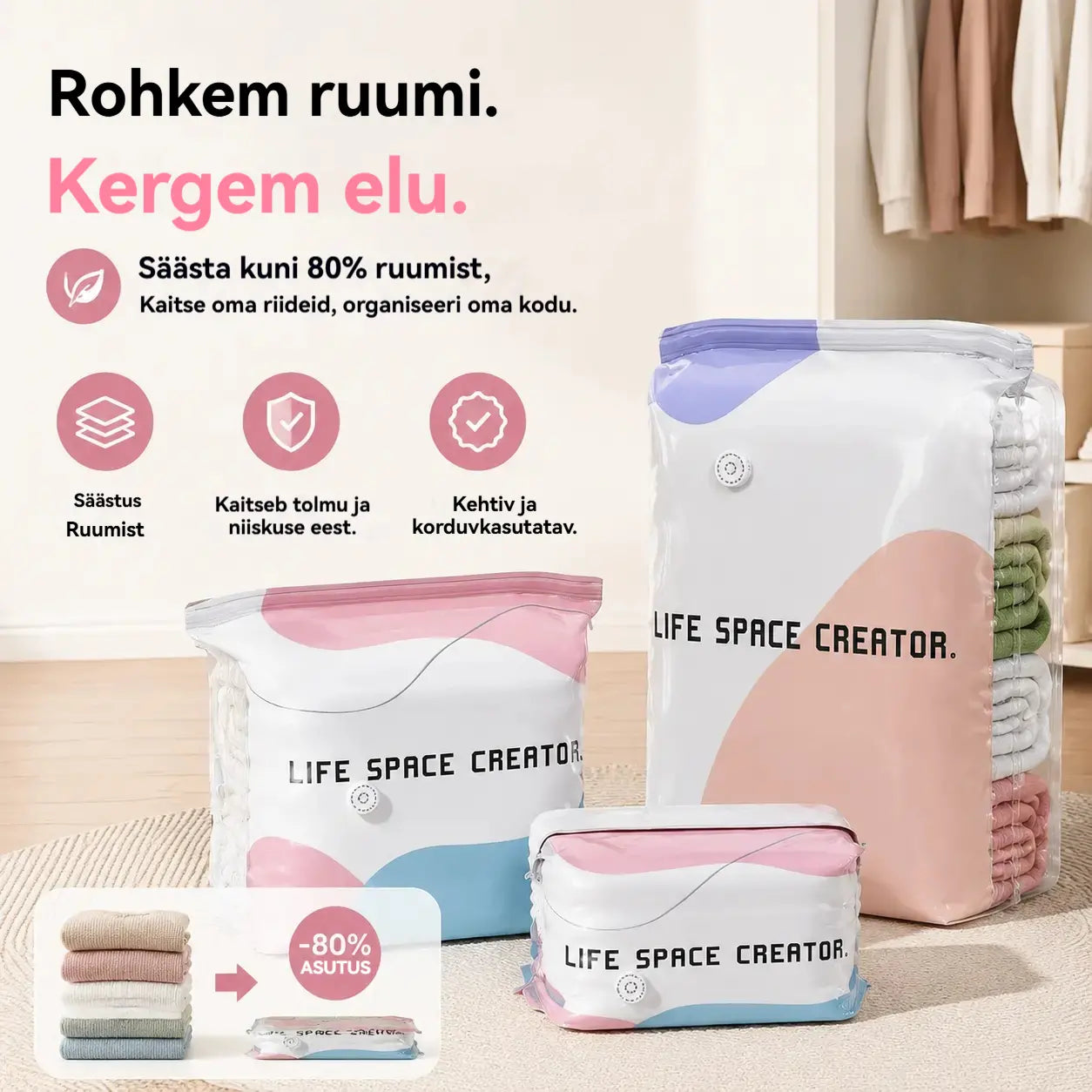 🧳【5-osaline komplekt 31 eurot】💨 Suur, kokkusurutav vaakumkott: pumpa pole vaja, lekkekindel ja ideaalne ruumi kokkuhoiuks kohvrites ja kodus ✈️