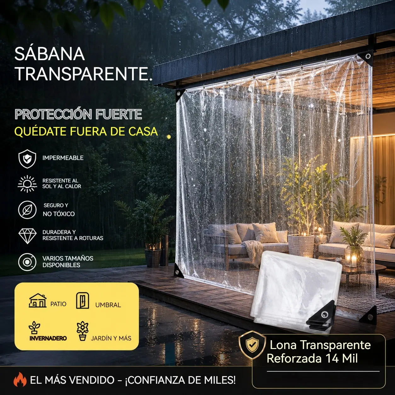 🔥 Lona Transparente Reforzada 14 Mil, Impermeable y Cortavientos para Exterior 🏡🌧️