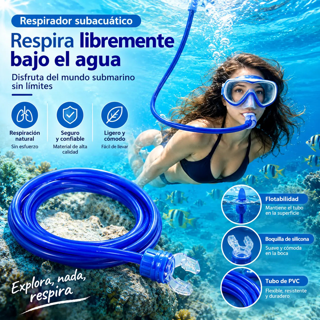 🏖️Un aparato respiratorio portátil para buceo con válvula de respiración de silicona a prueba de fugas, un elemento esencial para la práctica subacuática y el entrenamiento de suministro de oxígeno en aguas profundas.