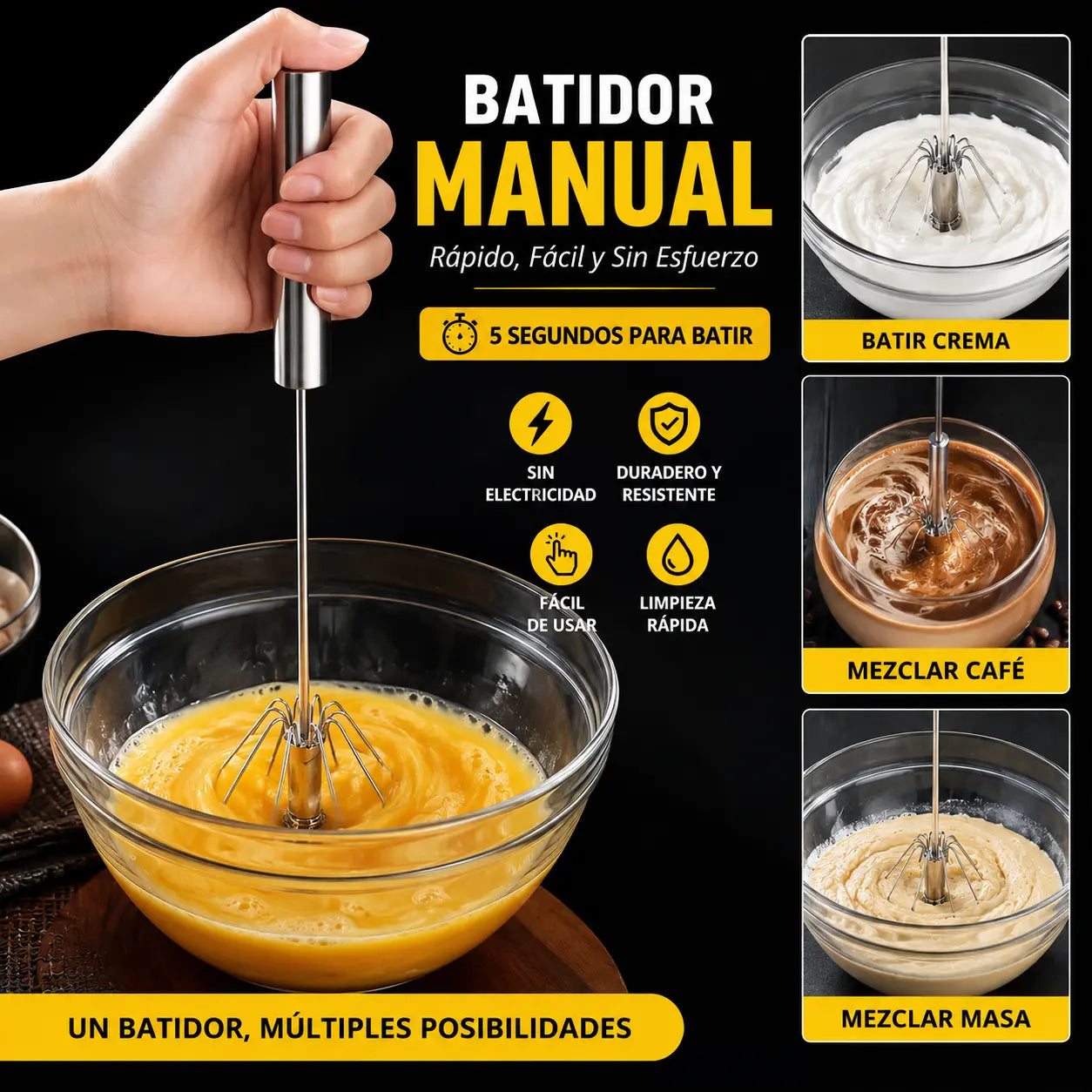 【 Conjunto de 2 piezas】Batidor de huevos semiautomático de acero inoxidable