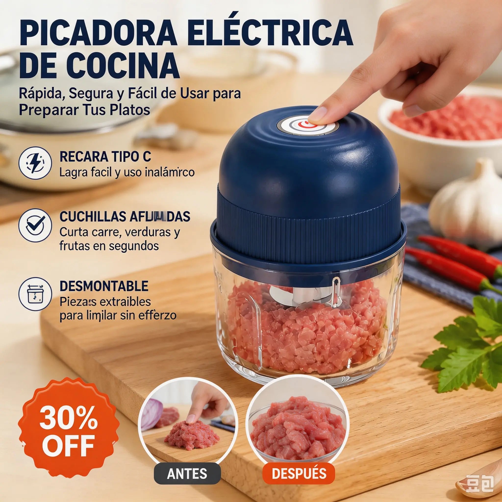 Picadora eléctrica de ajo, mini picadora portátil de verduras