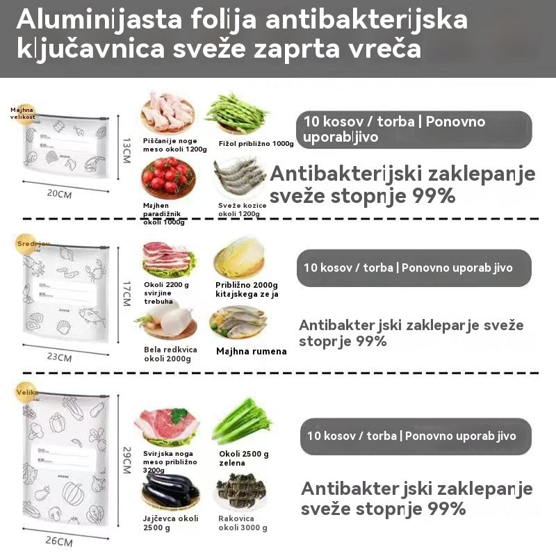【30 kosov】Vrečka iz aluminijaste folije živilske kakovosti z zadrgo za ohranjanje svežine za uporabo v gospodinjskem hladilniku