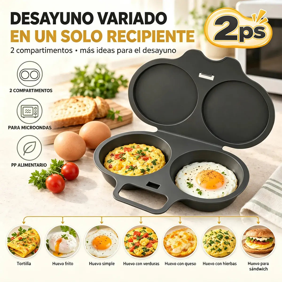 Escalfador de huevos para microondas: doble cavidad, antiadherente y fácil de limpiar.