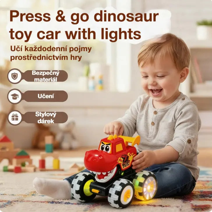 🦖🚗 Auto s dinosaurem a funkcí startování stisknutím: lehkým stisknutím se rozjede za doprovodu blikajících světel a zábavného řevu ✨🎮